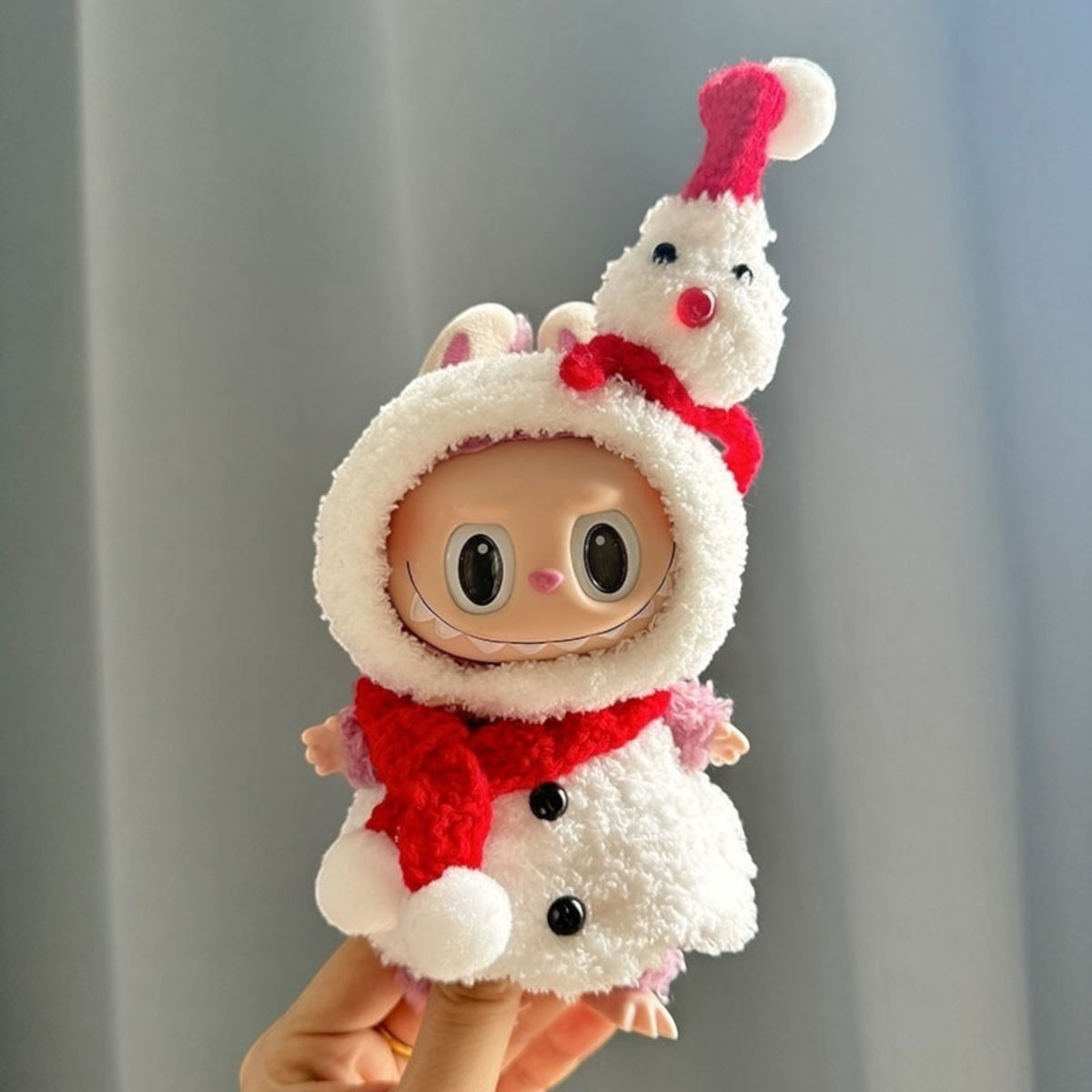 Get ready to spread some holiday cheer with our Christmas Snowman costume for Labubu dolls! Perfect for Labubu versions 1, 2, and 3, this handmade outfit ships worldwide with fast shipping. (Labubu figure not included.) 'Tis the season to be cute and playful!, Christmas-snowman-costume_style_-_Handmand_Labubu_Doll_Outfit