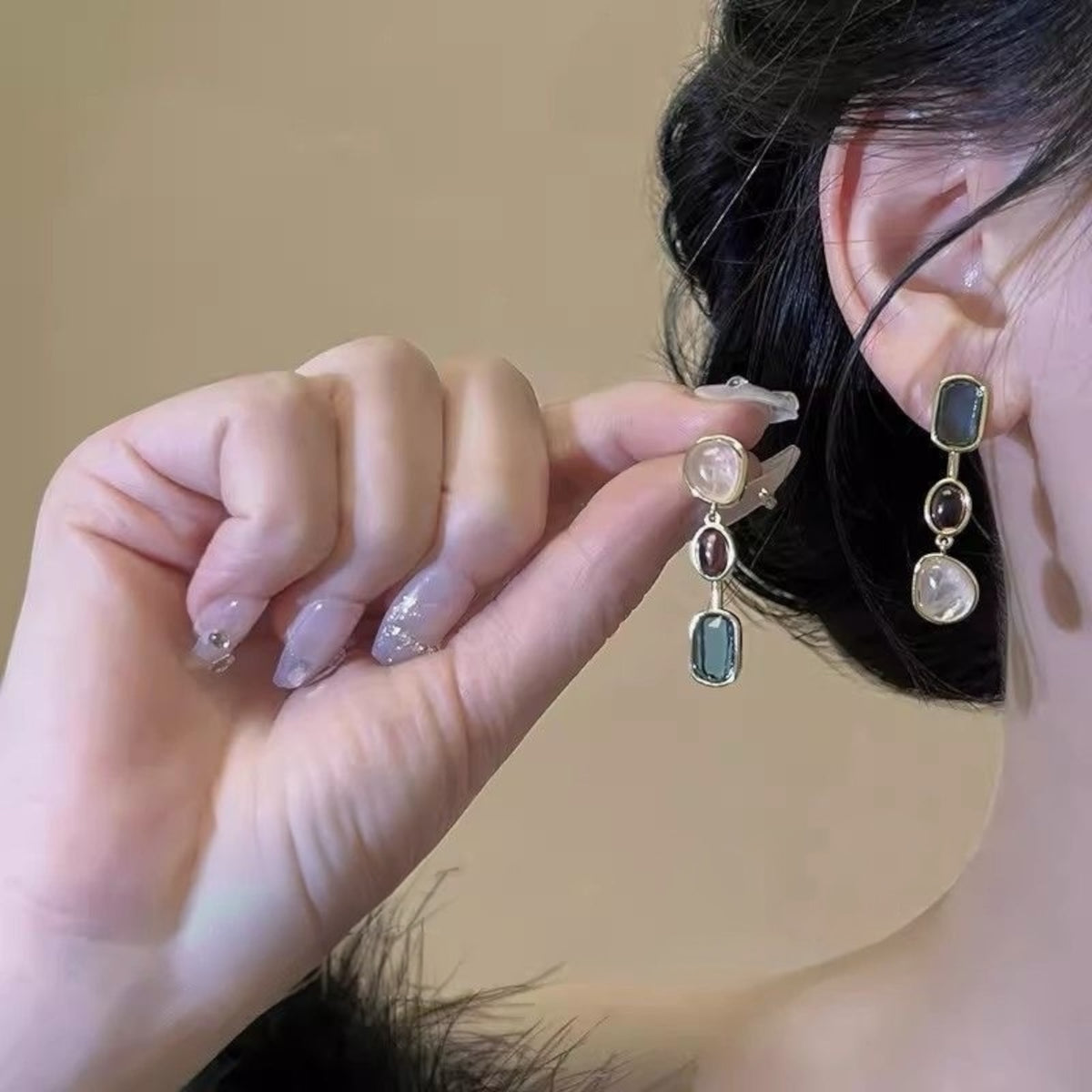 Aurora Trio Gem Drop Earrings – Rose Pink, Garnet Wine & Deep Teal Stones