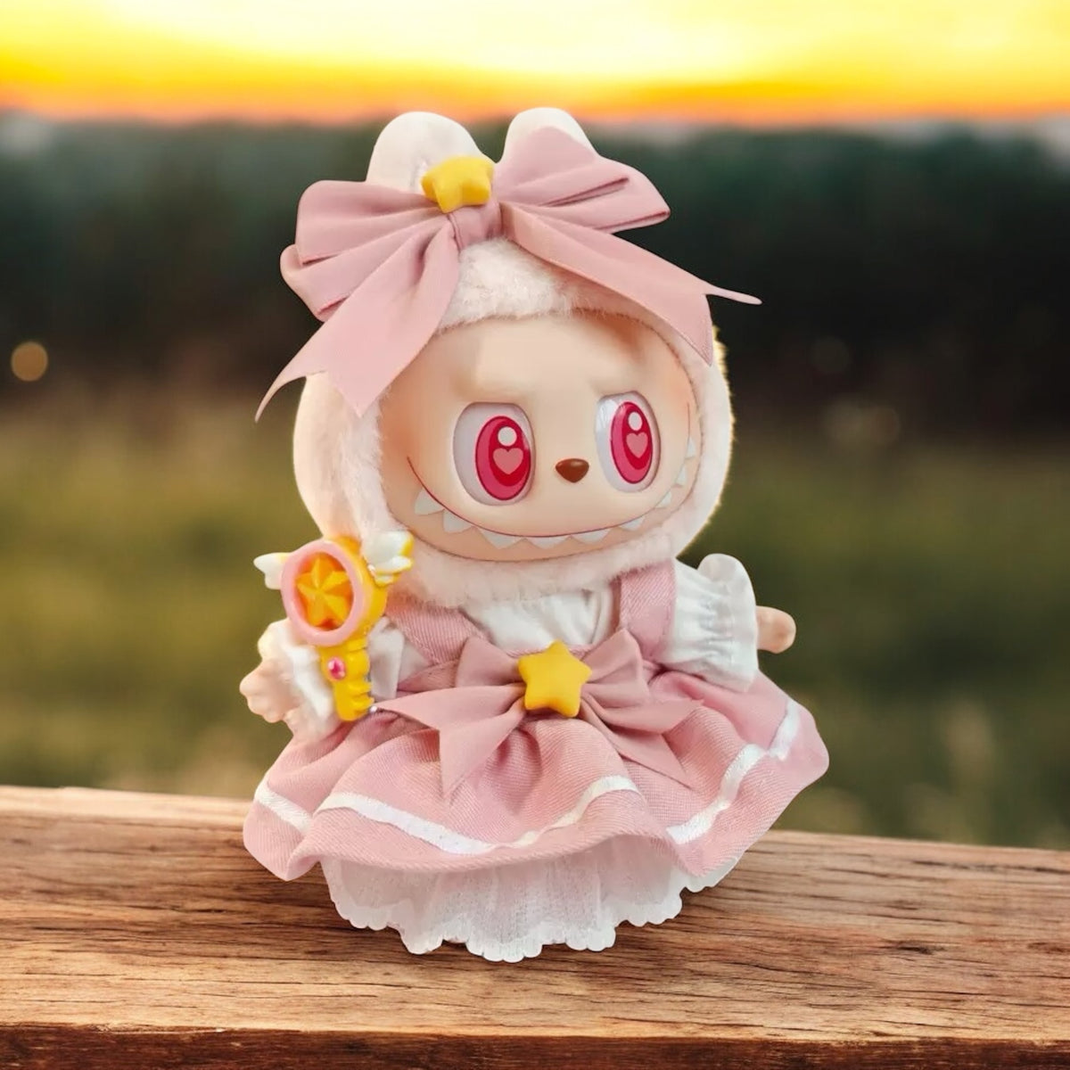 “Pink Magic Star” Outfit Set | Bow Hood, Star Waist Charm, Magic Wand, fit for 17mm Labubu Doll