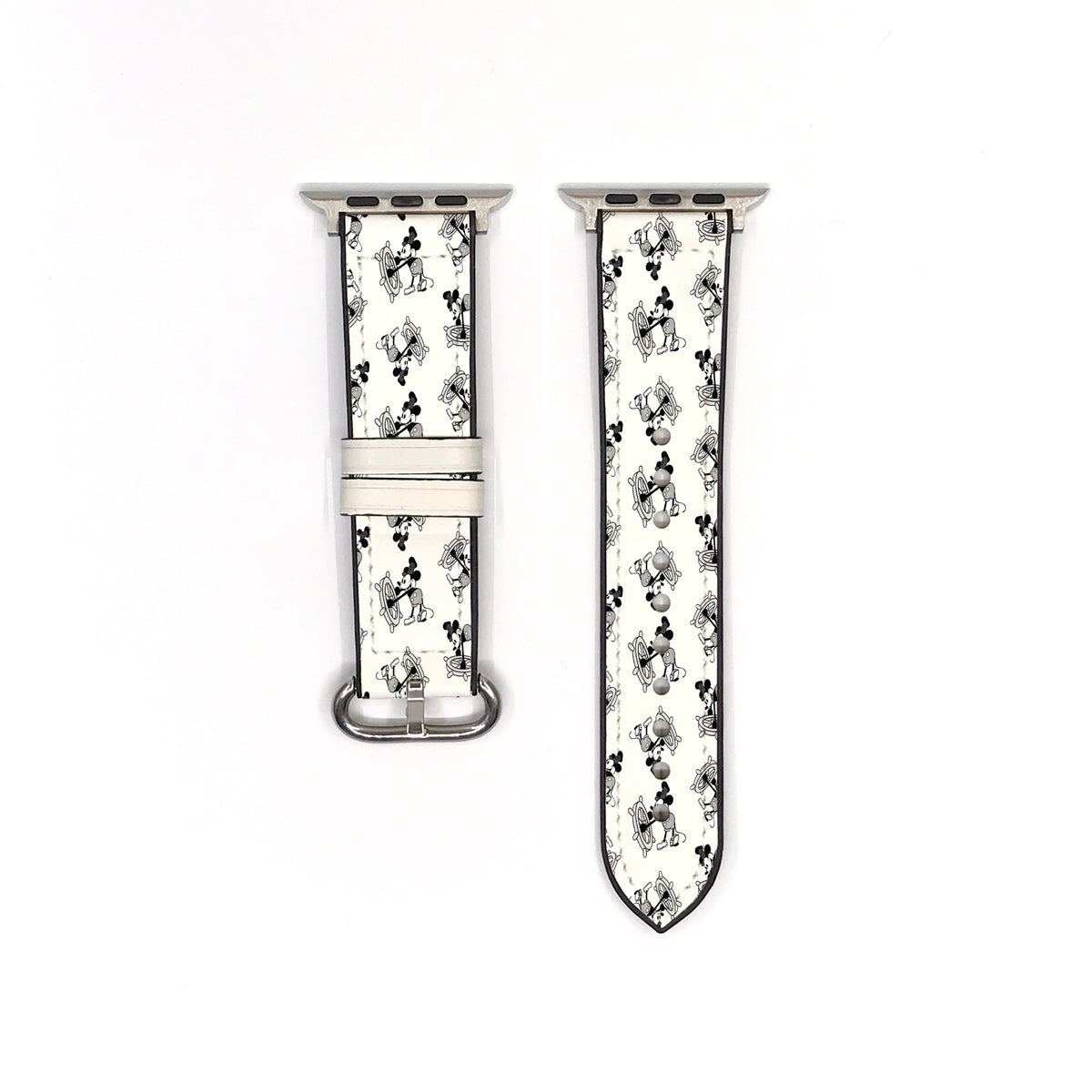 Front and back views of a black and white printed Apple Watch band with a metal buckle