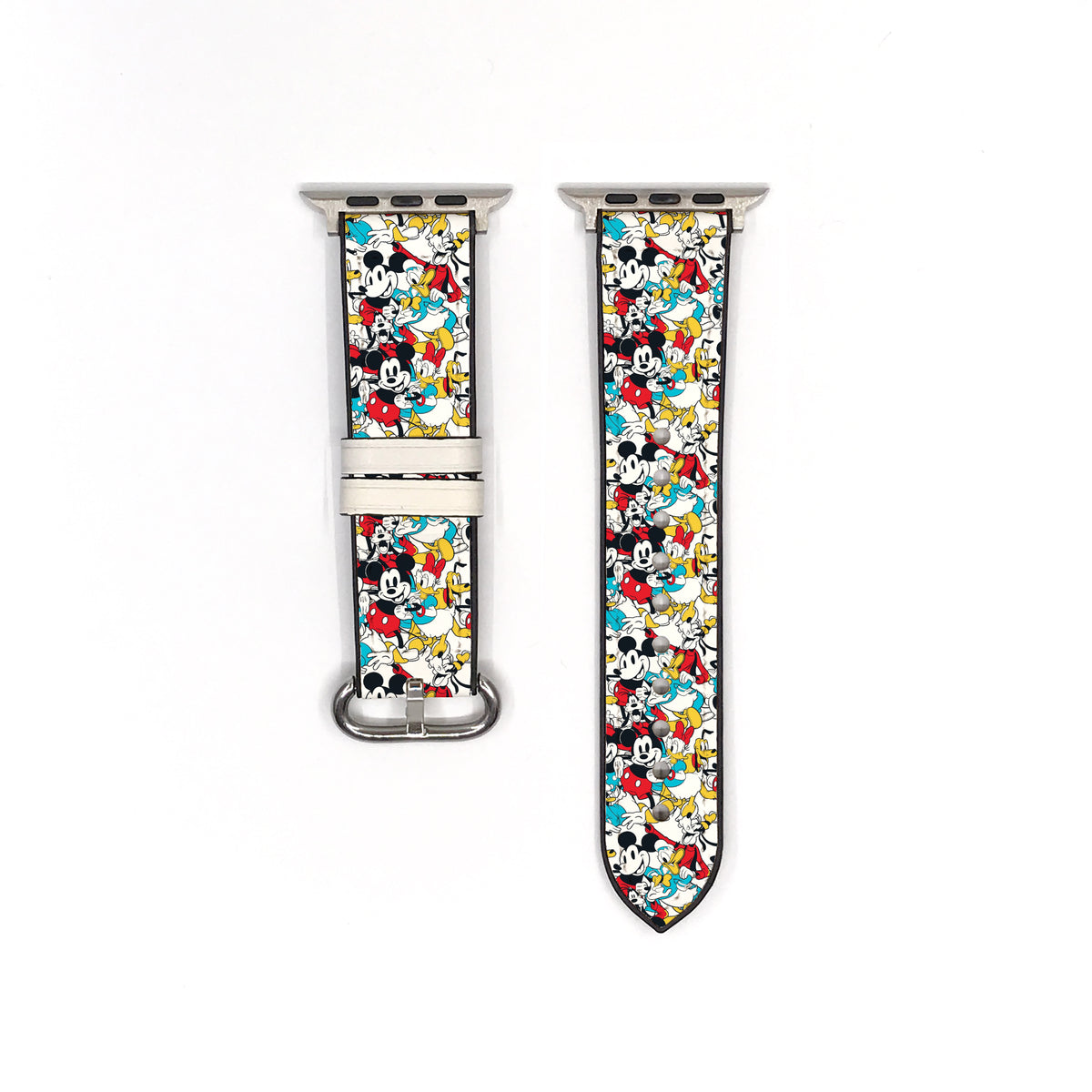 Two watch straps with colorful Mickey Mouse pattern on a white background