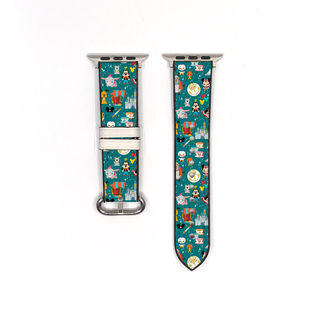 Smartwatch with a colorful disney theme park attractions patterned band on a white background