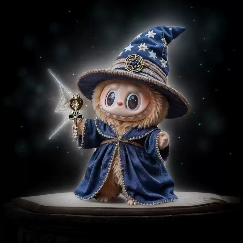 17cm labubu doll wearing a wizard outfit holding a wand against a dark background