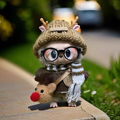 Handmand Cozy Reindeer Winter Outfit Set | Antler Knit Beanie, Nordic Sweater, Scarf & Reindeer Pouch, fits for 17cm Labubu doll