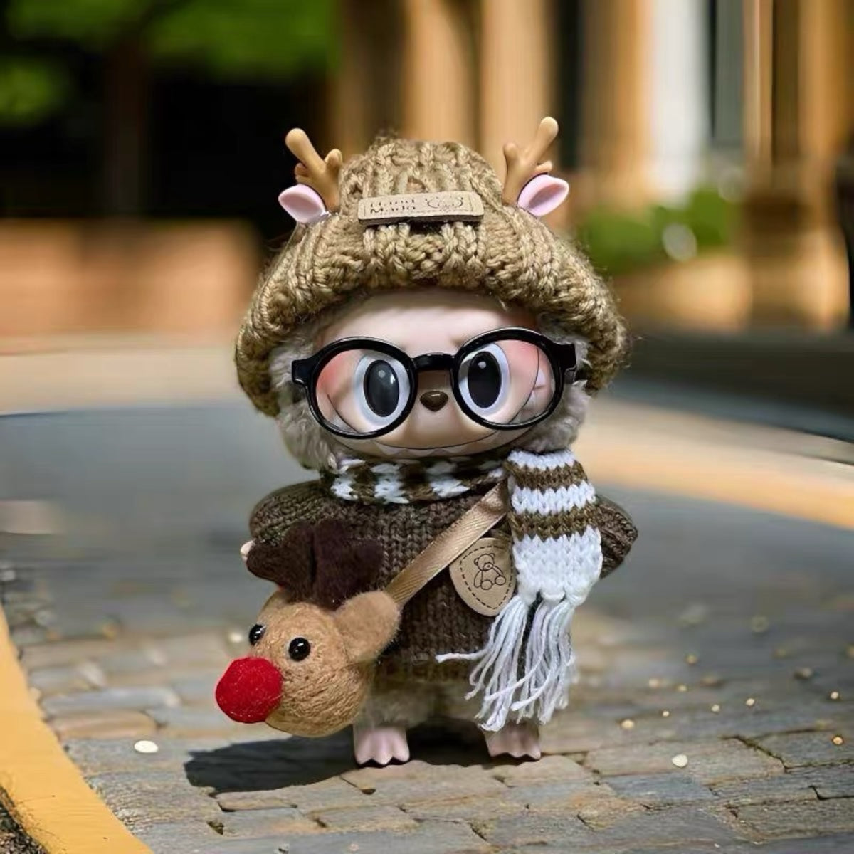 Handmand Cozy Reindeer Winter Outfit Set | Antler Knit Beanie, Nordic Sweater, Scarf & Reindeer Pouch, fits for 17cm Labubu doll