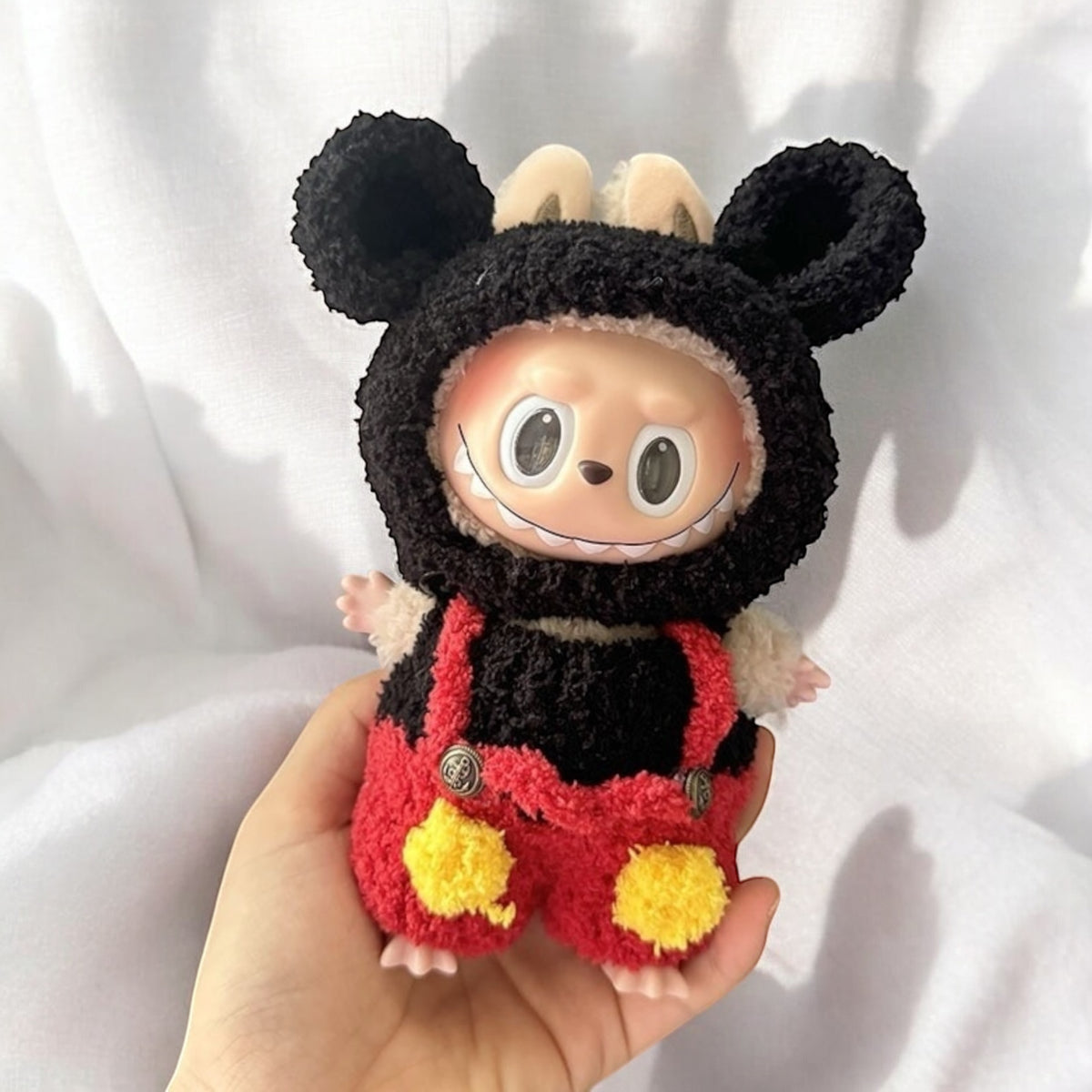 Introducing the Mickey Mouse costume style outfit for your Handmand Labubu Doll! Get ready to dress up your Labubu figures version 1, 2, or 3 and take on the world. Fast shipping available worldwide. (Labubu figure not included.), Mickey Mouse costume style - Handmand Labubu Doll Outfit