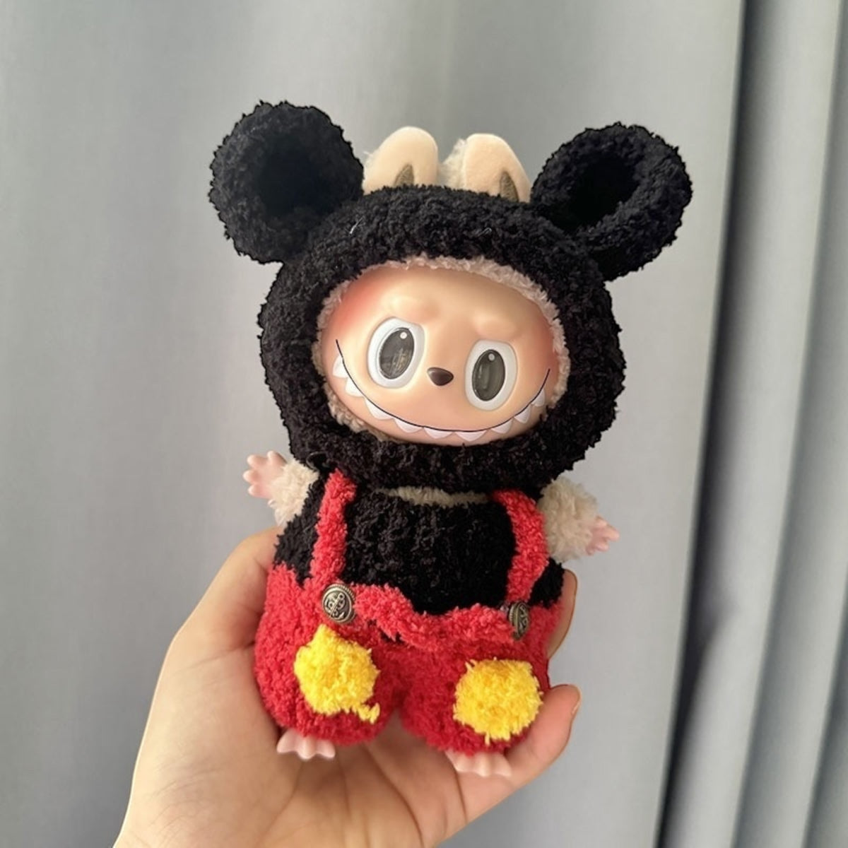 Introducing the Mickey Mouse costume style outfit for your Handmand Labubu Doll! Get ready to dress up your Labubu figures version 1, 2, or 3 and take on the world. Fast shipping available worldwide. (Labubu figure not included.), Mickey-Mouse-costume_style_-_Handmand_Labubu_Doll_Outfit
