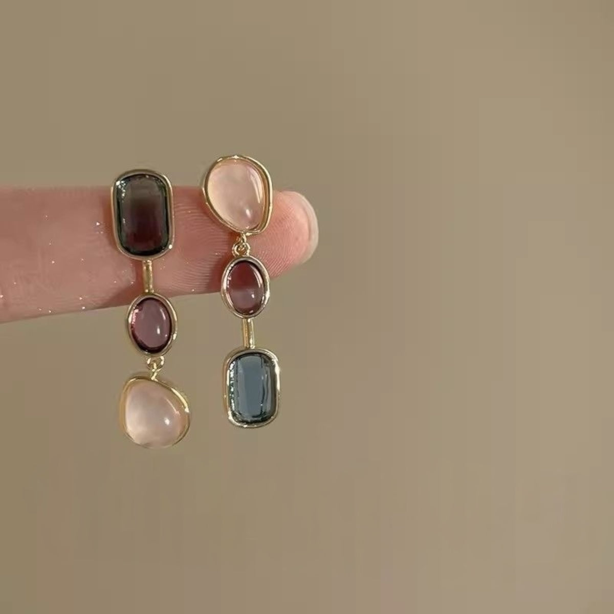 Aurora Trio Gem Drop Earrings – Rose Pink, Garnet Wine & Deep Teal Stones