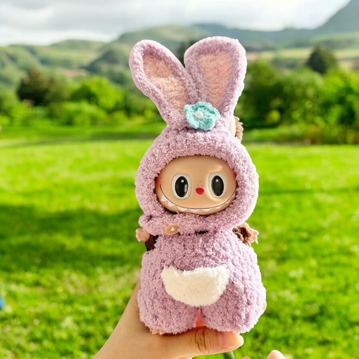 Transform your Labubu doll into the cutest bunny with this StellaLou Bunny costume outfit! Featuring the iconic purple rabbit from Duffy and Friends, this handmand outfit fits Labubu versions 1, 2, and 3. Ship worldwide with fast shipping. (Labubu figure not included.), StellaLou Bunny costume style - Handmand Labubu Doll Outfit