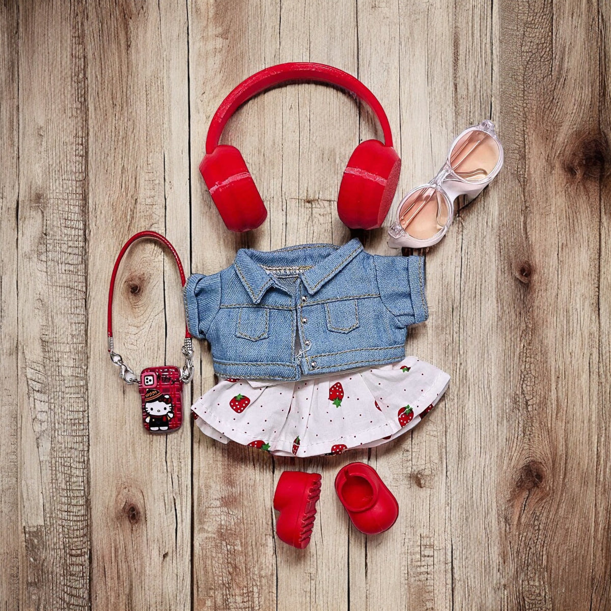 Handmand Strawberry Denim Cutie Set fits for 17cm Labubu doll