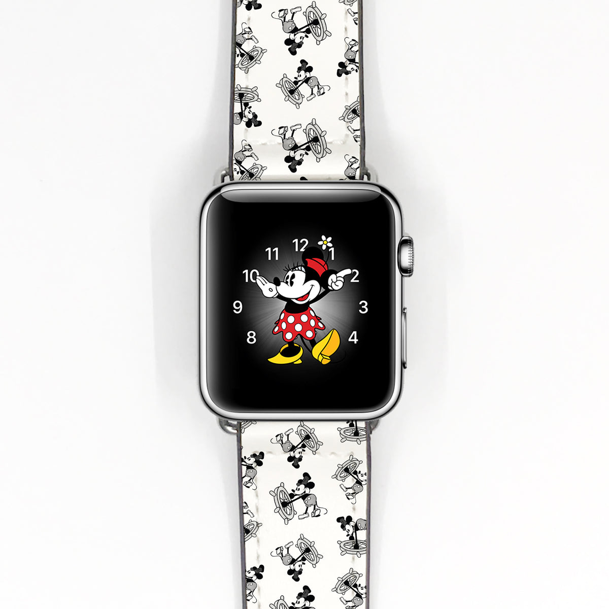Apple Watch with a black and white retro cartoon-print band and monochrome illustrated design