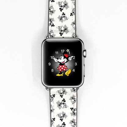 Apple Watch with a black and white retro cartoon-print band and monochrome illustrated design