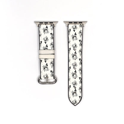 Front and back views of a black and white printed Apple Watch band with a metal buckle