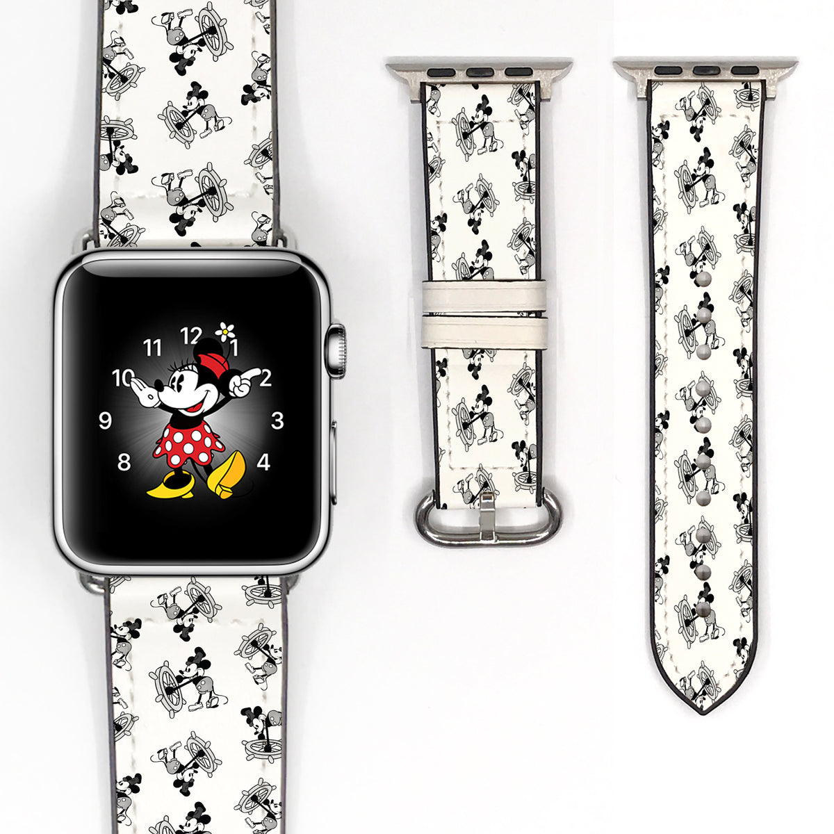 Close-up of the monochrome illustrated pattern and fastening holes on an Apple Watch band