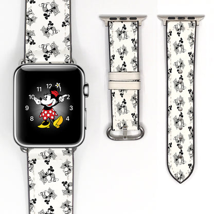 Close-up of the monochrome illustrated pattern and fastening holes on an Apple Watch band