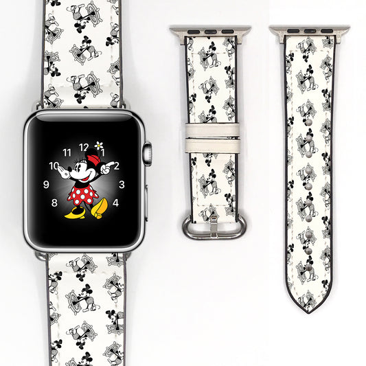 Close-up of the monochrome illustrated pattern and fastening holes on an Apple Watch band