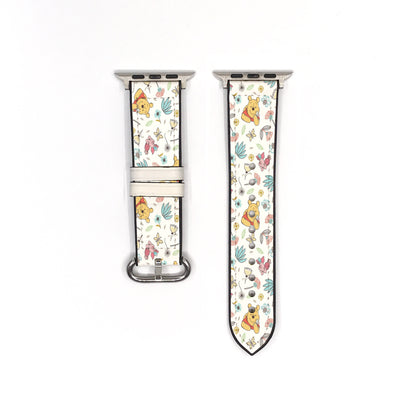 Cream floral cartoon Apple Watch band showing both strap pieces and silver-tone fastening hardware.