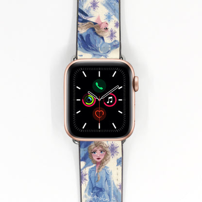 Blue Elsa character-print Apple Watch band displayed on a rose gold smartwatch with icy snowflake details.