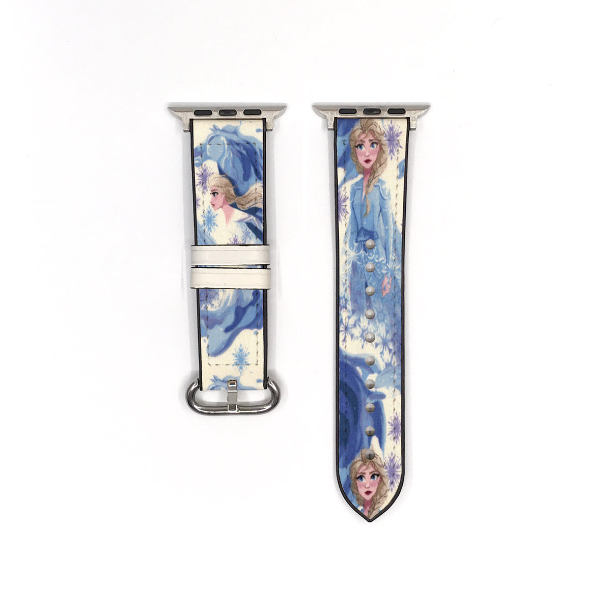 Blue snowflake Apple Watch band showing both strap pieces and silver-tone fastening hardware.