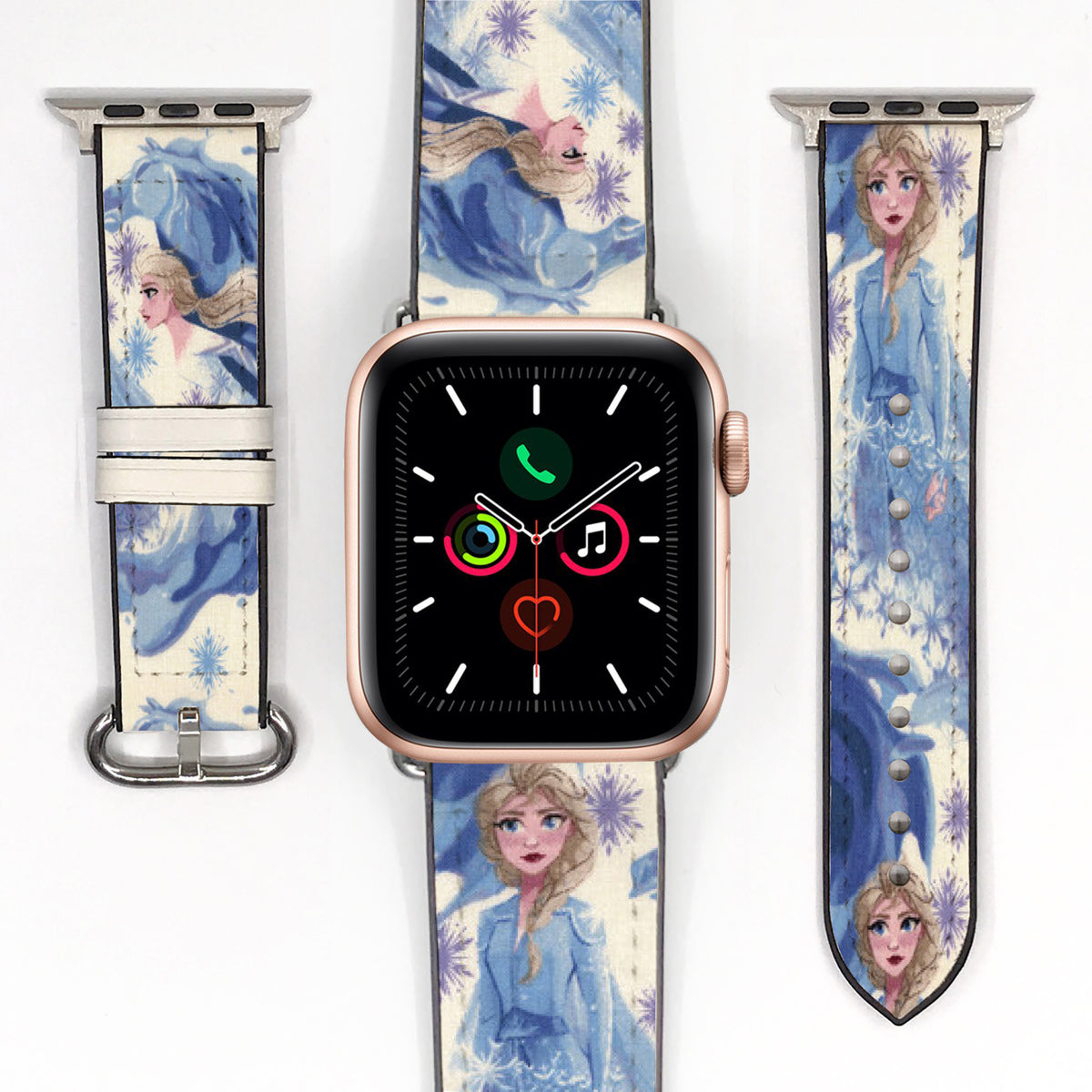 Elsa-themed blue Apple Watch band displayed with the watch and both strap pieces on a white background.