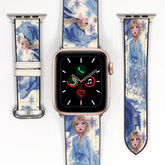 Elsa-themed blue Apple Watch band displayed with the watch and both strap pieces on a white background.