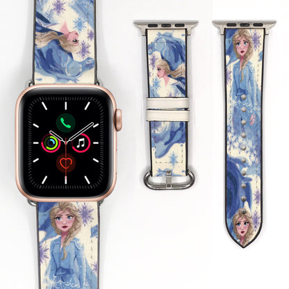 Close-up of a blue Elsa Apple Watch band featuring character illustrations and purple snowflake patterns.
