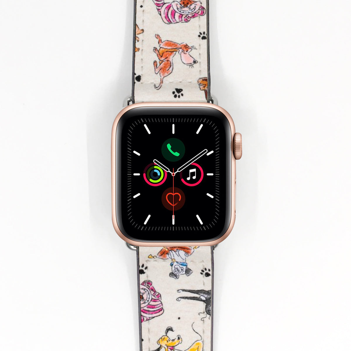 Apple Watch Smartwatch with a Disney-themed Dogs and Cats band on a white background