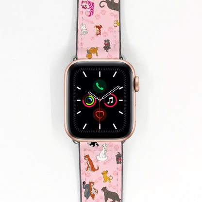 Apple Watch Smartwatch with a pink watch strap featuring disney cats designs on a white background