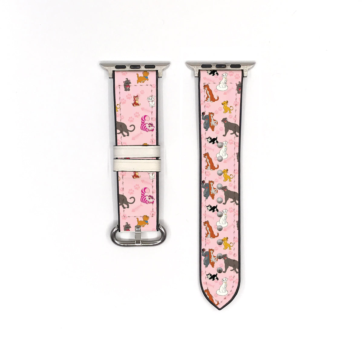 Apple Watch Smartwatch with a pink watch strap featuring disney cats designs on a white background