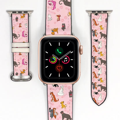 Apple Watch Smartwatch with a pink watch strap featuring disney cats designs on a white background