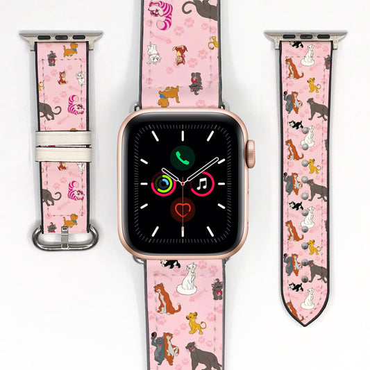 Apple Watch Smartwatch with a pink watch strap featuring disney cats designs on a white background
