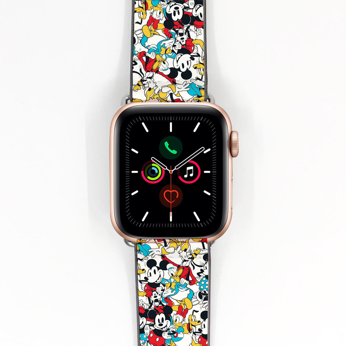 Smartwatch with a colorful Mickey Mouse patterned band on a white background