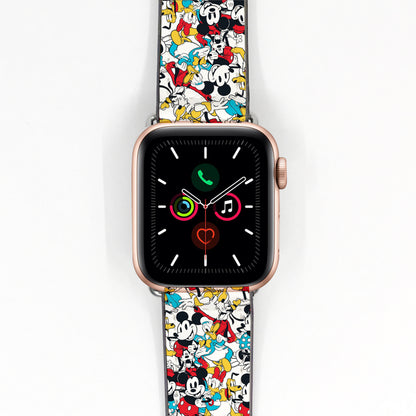 Smartwatch with a colorful Mickey Mouse patterned band on a white background