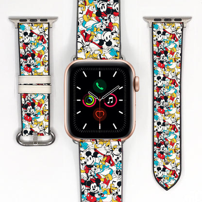 Smartwatch with colorful Mickey Mouse patterned band on a white background