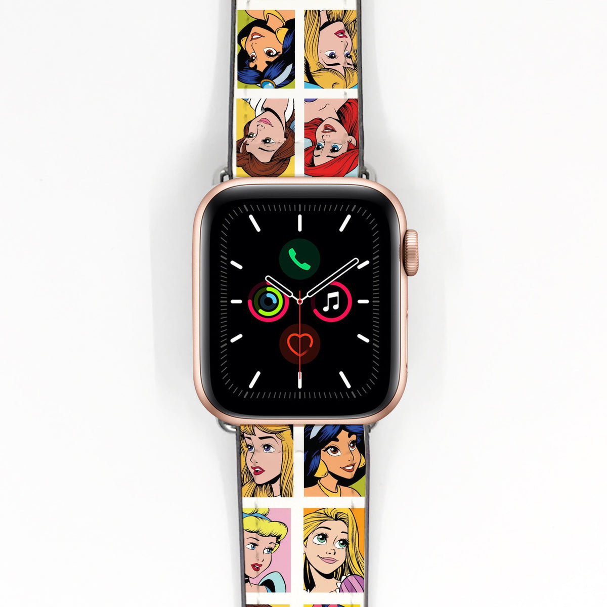 Smartwatch with a colorful band featuring animated characters disney princesses on a white background