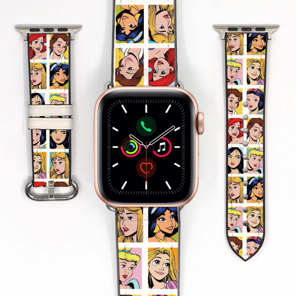 Smartwatch with a colorful band featuring animated characters disney princesses on a white background