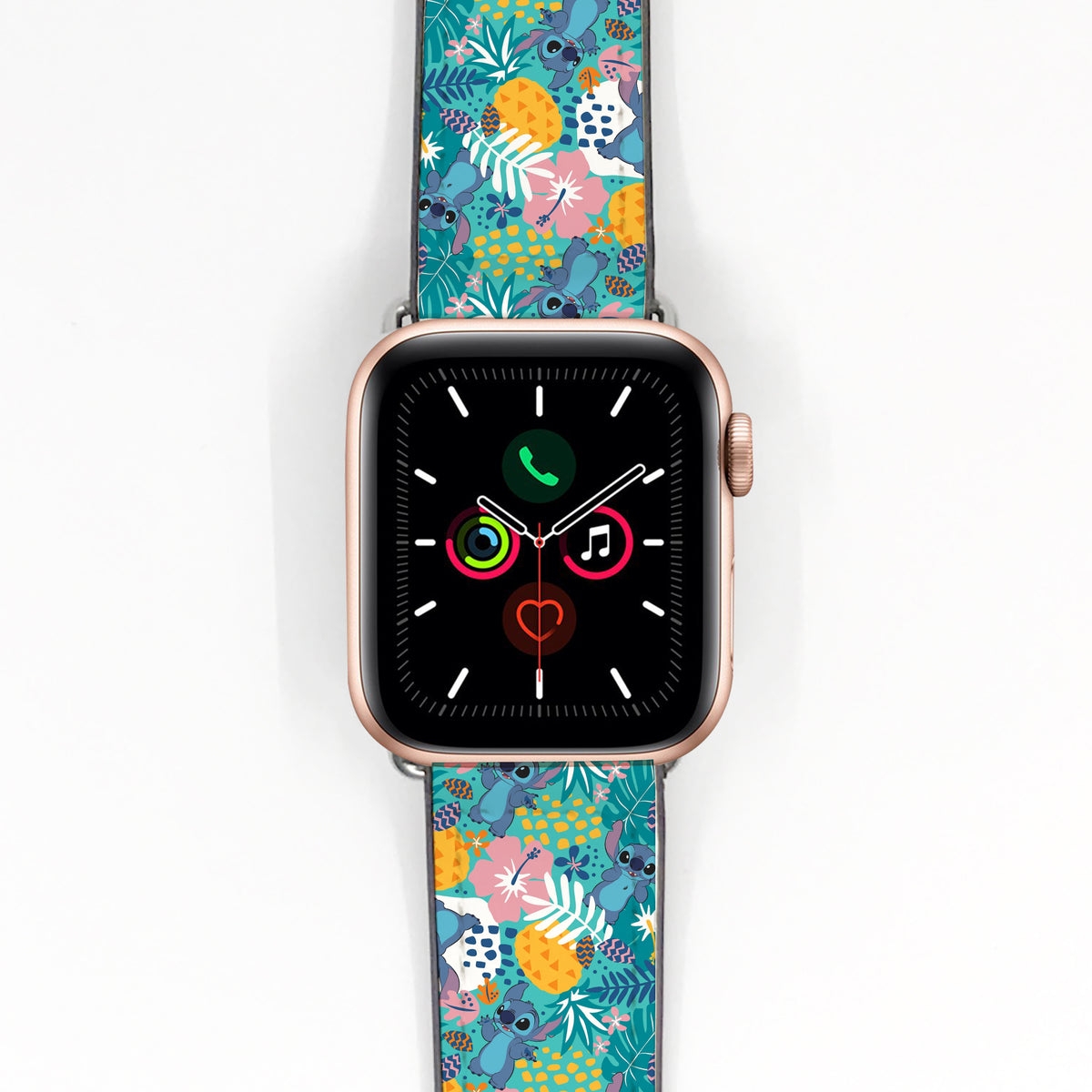 Smartwatch apple watch band with a colorful floral lilo and stitch patterned band on a white background