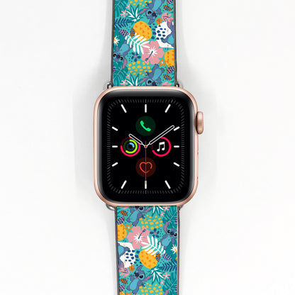 Smartwatch apple watch band with a colorful floral lilo and stitch patterned band on a white background