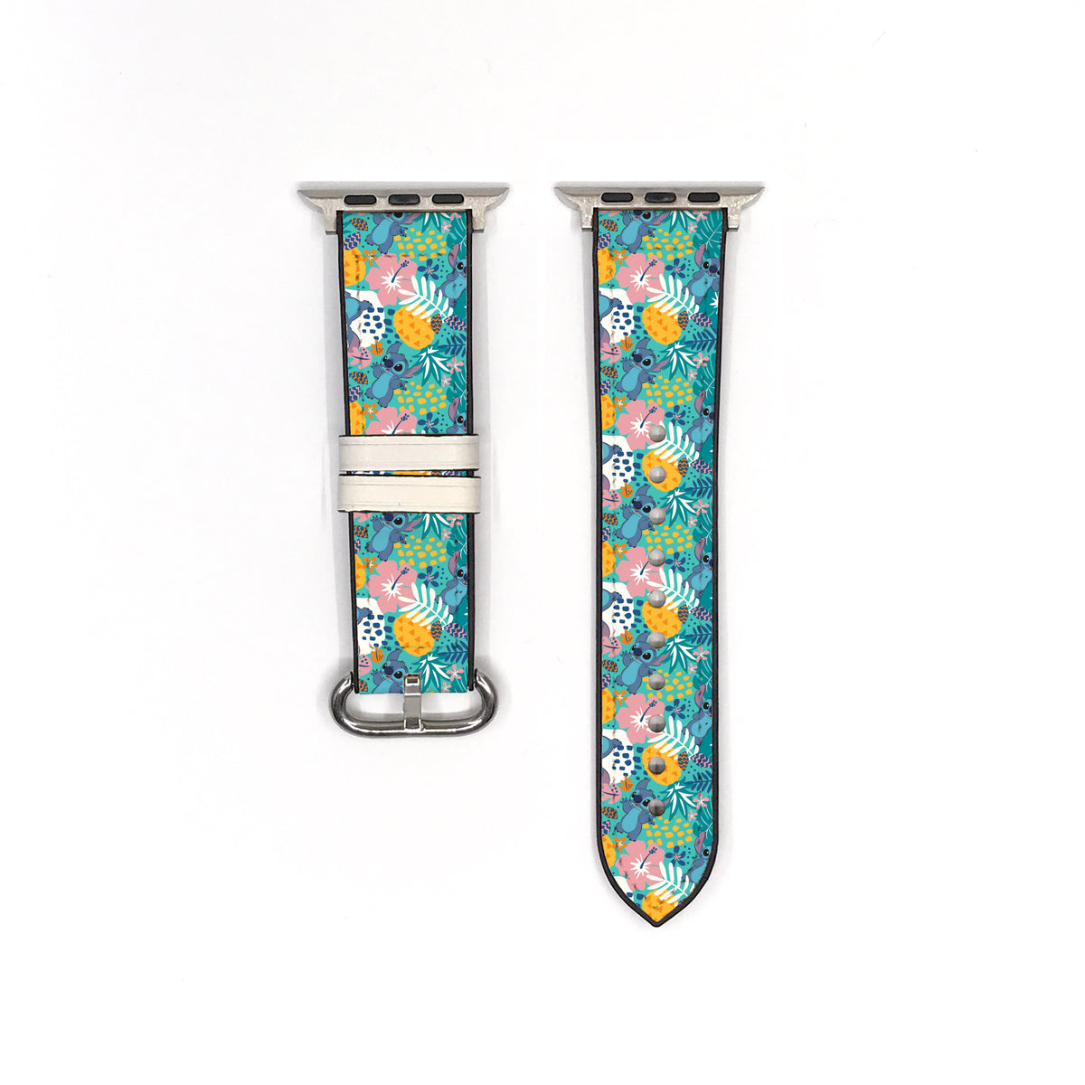 Smartwatch apple watch band with a colorful floral lilo and stitch patterned band on a white background