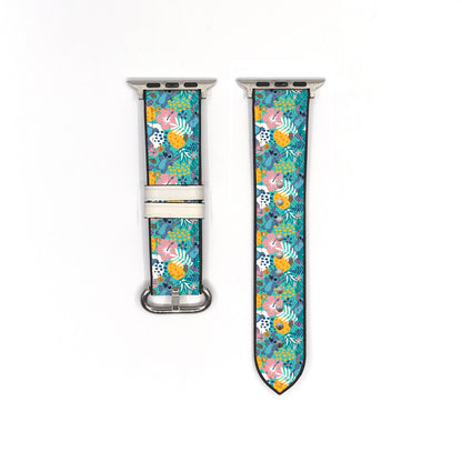 Smartwatch apple watch band with a colorful floral lilo and stitch patterned band on a white background