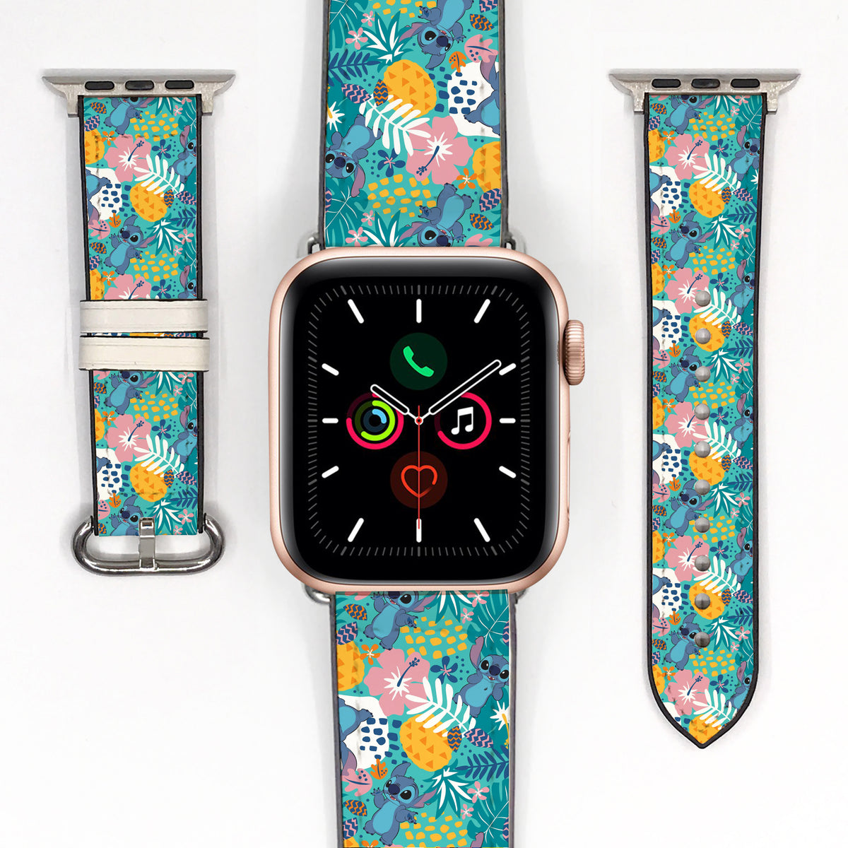 Smartwatch apple watch band with a colorful floral lilo and stitch patterned band on a white background