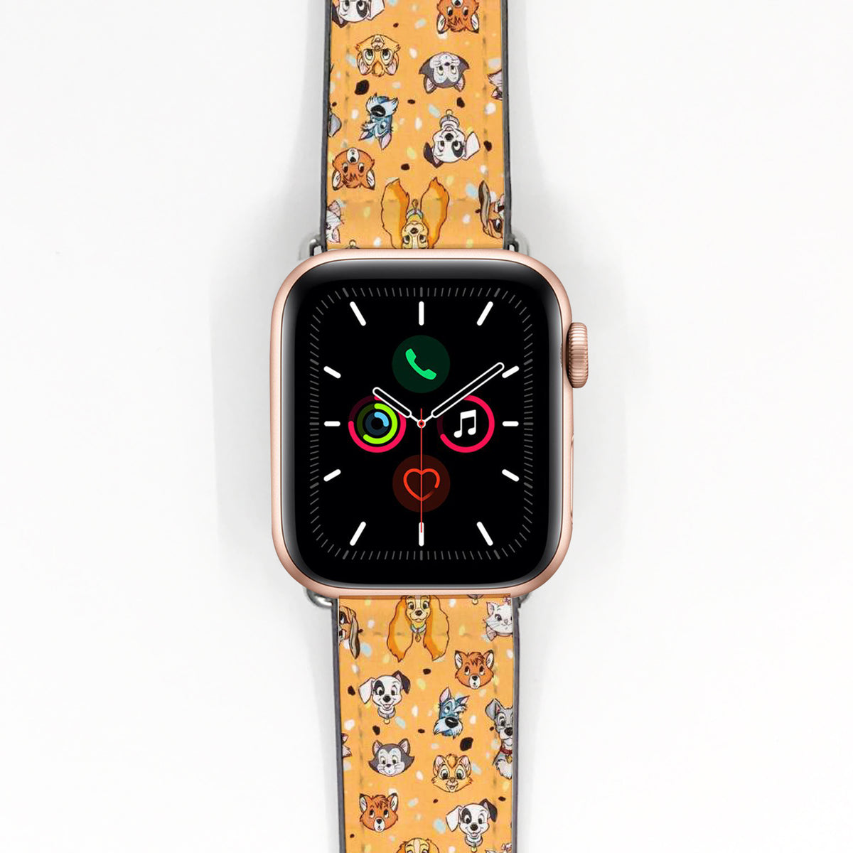 Smartwatch with a colorful Disney Cats and Dogs patterned band on a white background