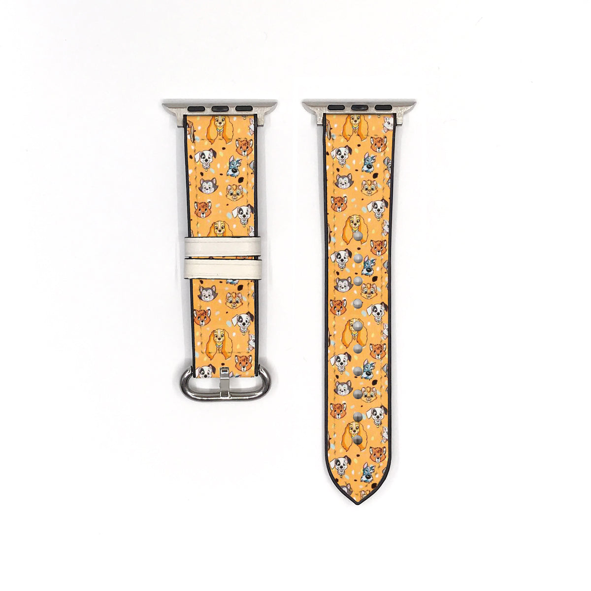 Smartwatch with a colorful Disney Cats and Dogs patterned band on a white background