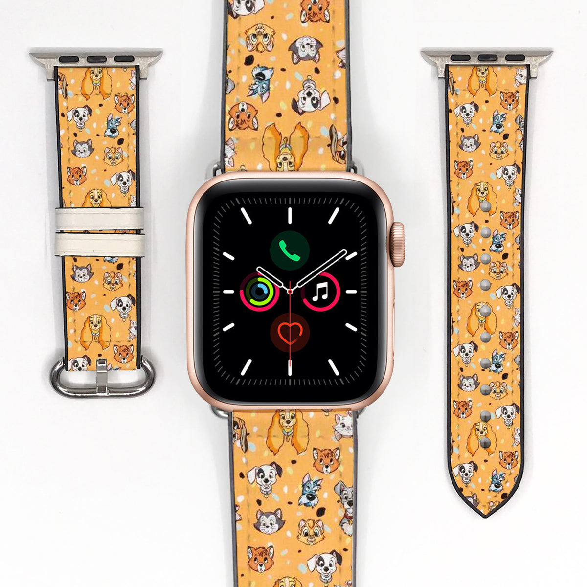 Smartwatch with a colorful Disney Cats and Dogs patterned band on a white background
