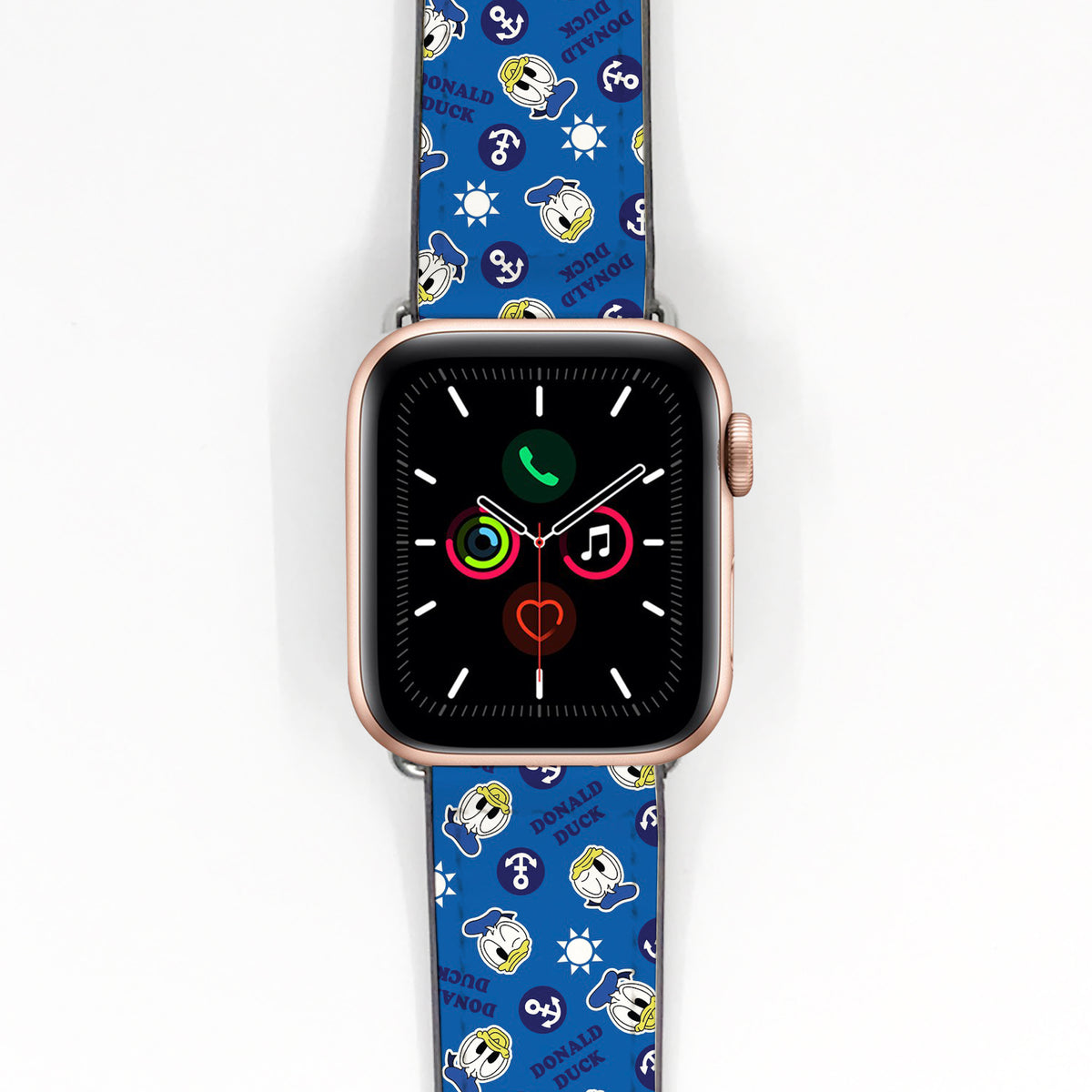 Smartwatch with a blue Donald Duck patterned band on a white background