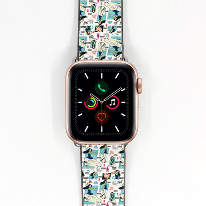 Smartwatch with a colorful mulan patterned band on a white background