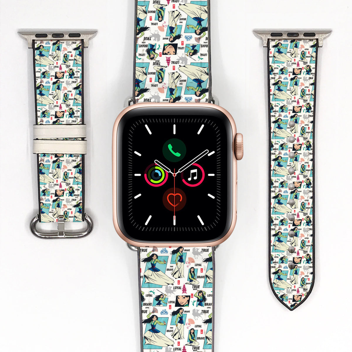 Smartwatch with a colorful mulan patterned band on a white background