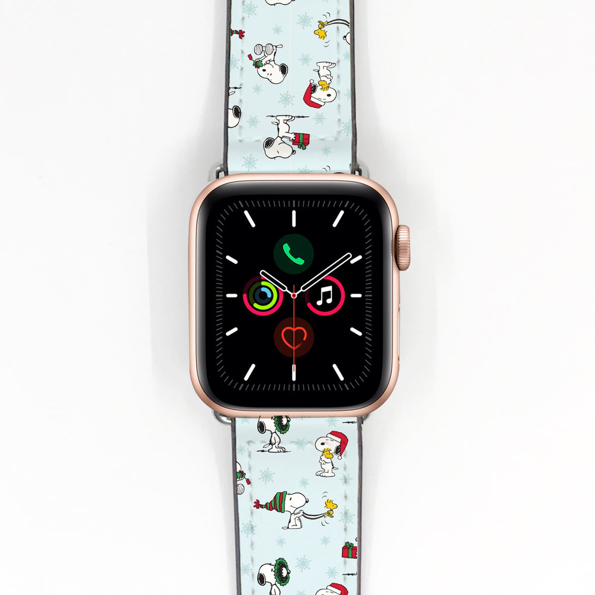 Smartwatch with a decorative band featuring snoopy cartoon characters on a white background