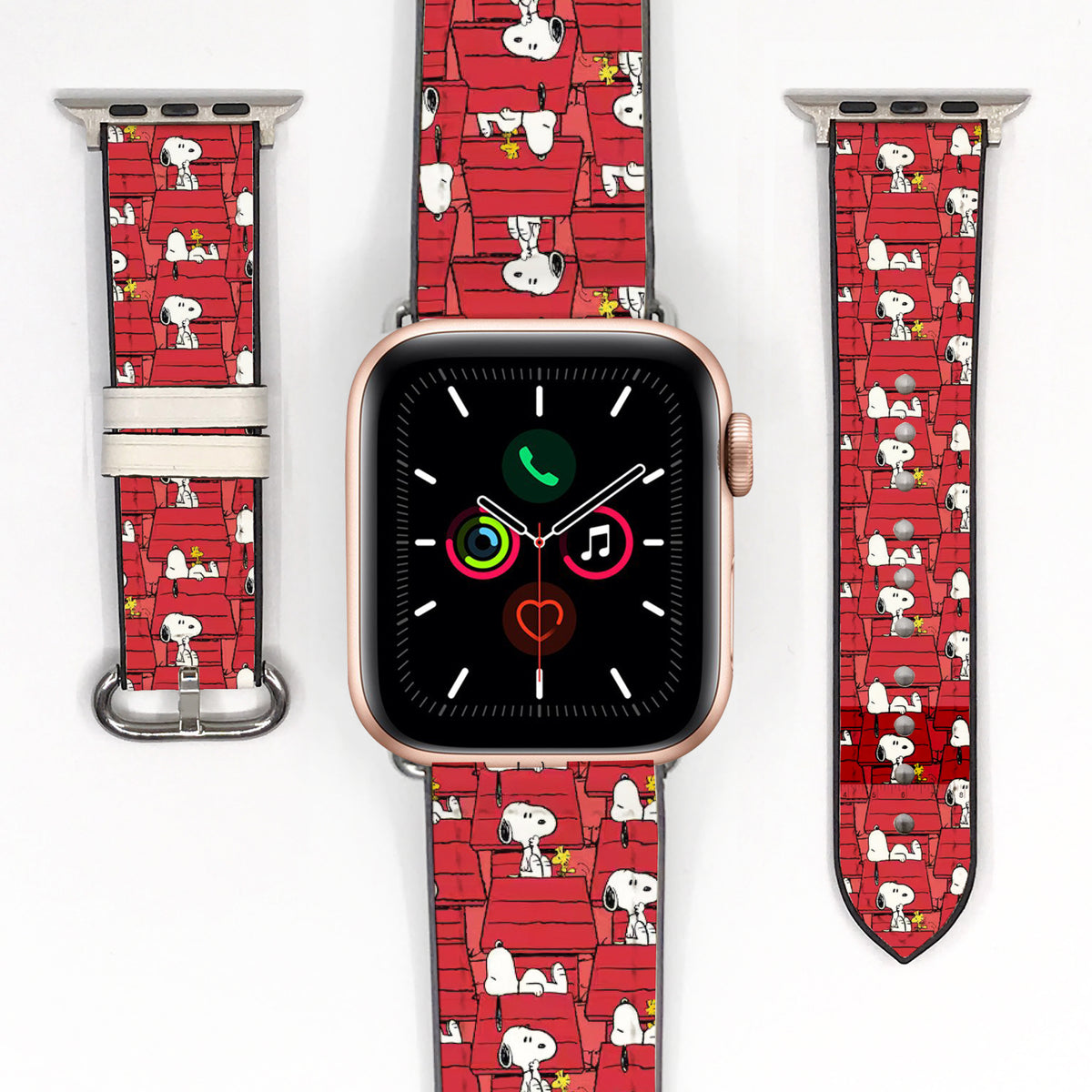 Smartwatch with a red Snoopy patterned band on a white background