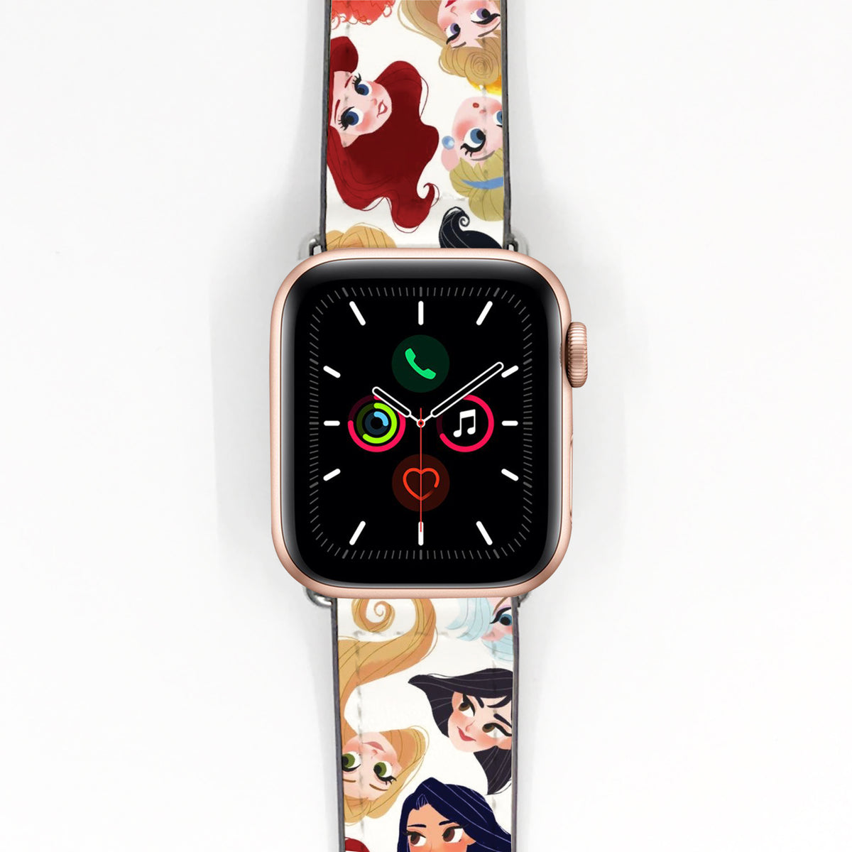 Smartwatch with a colorful band featuring disney princess characters on a white background